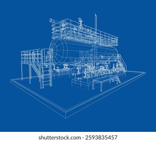 Tanque industrial com válvulas. Renderização vetorial de 3d. Estilo aramado. Ilustração 3D