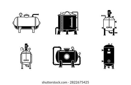 Industrial tanks and containers for storage, processing, and manufacturing in various shapes.