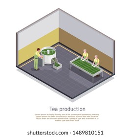 Industrial tea production facility element isometric composition with rolling sorting and withering manufacturing process steps vector illustration 