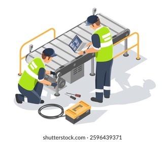 Industrial Technician Adjusting Conveyor Belt Mechanical Maintenance concept isometric isolated