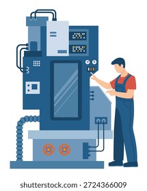 Técnicos de Industrial que diagnostican y reparan una máquina CNC en una fábrica. Concepto de mantenimiento industrial, automatización y Asistencia técnica.