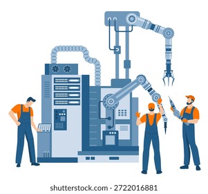Técnicos de Industrial reparan robots manipuladores en una fábrica. Concepto de mantenimiento industrial, automatización y Asistencia técnica.