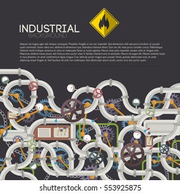 Industrial technologic poster with text pipeline valves mechanisms taps switches gear and fittings vector illustration