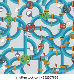 Industrial technologic seamless pattern with blue connected steel pipes colorful valves fittings selectors manometers vector illustration
