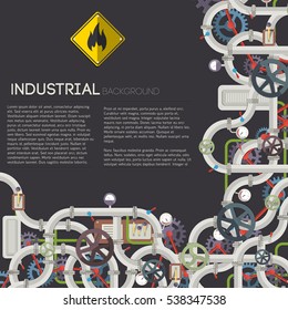 Industrial technologic template with text metal pipeline valves taps wheels tubes on dark background vector illustration