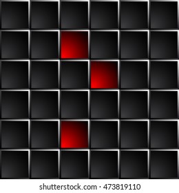 Industrial and technological dark background polished black squares. Red lights some figures.