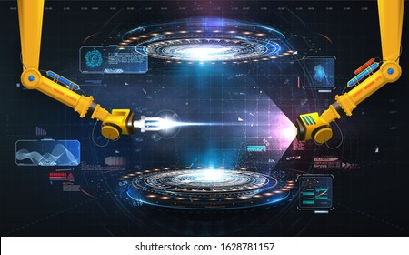 Industrial technology concept. Futuristic circle vector HUD, GUI, UI interface screen design. Abstract style on blue background. Factory automation. Smart factory. Design innovation concept background