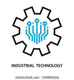 Industrial technology icon. Circuit digital placed in the middle of gear. Simple design. Line vector. Isolate on white background.