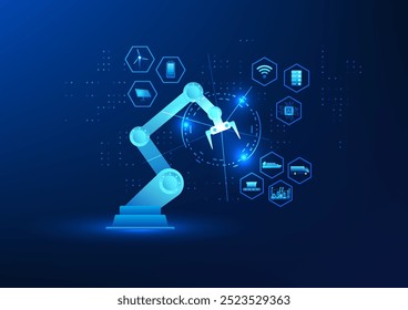 Industrial Technology, Robotic Arm with Industrial Icon in Hexagon Shape, Represents Advances in Manufacturing and Automation Technology, Ideal for Presentations on Robotics and Industry 4.0.