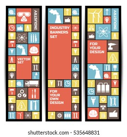 Industrial technology vertical banners with simple flat building manufacturing white icons in metro style vector illustration