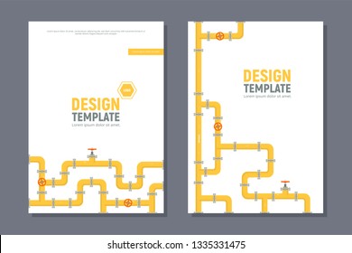 Industrial templates cover design in A4 size. Yellow pipeline. Oil, water or gas pipeline with fittings and valves. Vector illustration in a flat style.