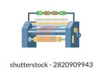 Industrial textile loom machine processing colorful threads into woven fabric rolls in a factory setting.