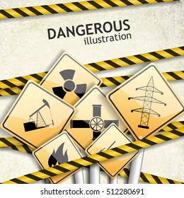 Industrial textured background with square warning signs and tapes flat vector illustration