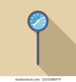 Industrial thermometer showing temperature with long shadow on beige background