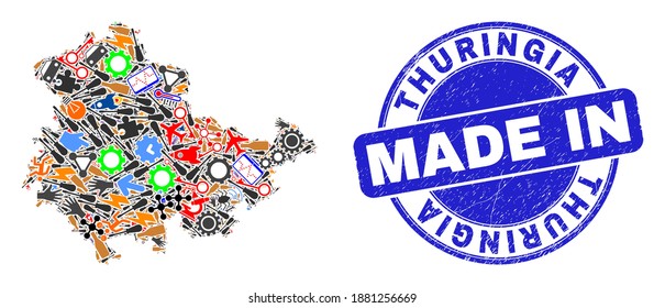 Industrial Thuringia Land map mosaic and MADE IN distress rubber stamp. Thuringia Land map mosaic designed from spanners,wheel,instruments,,keys,vehicles,electricity strikes,bugs.