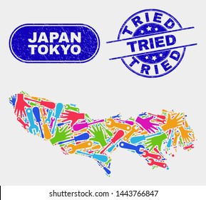 Industrial Tokyo Prefecture map and blue Tried scratched seal stamp. Colored vector Tokyo Prefecture map mosaic of machinery parts. Blue rounded Tried stamp.