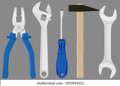 Industrial tools kit - pliers, adjustable wrench, screwdriver, hammer, spanner. Metal tools with blue handles on gray background. Vector 3d illustration