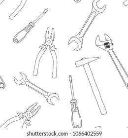Industrial tools kit - spanner, pliers, screwdriver, hammer, adjustable wrench. Seamless pattern. Vector illustration