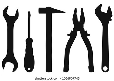 Industrial tools kit - spanner, screwdriver, hammer, pliers, adjustable wrench. Black silhouettes. Vector illustration isolated on white background