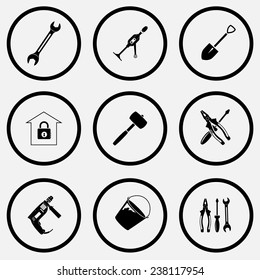 Industrial tools set. Black and white set vector icons.