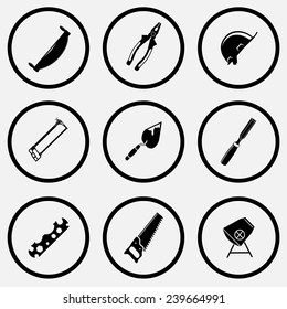 Industrial tools set. Black and white set vector icons.