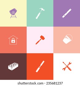 Industrial tools set. Flat color vector icons.