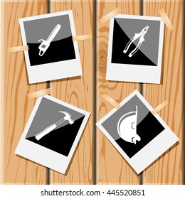 Industrial tools set. Photo frames on wooden desk. Vector icons.