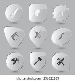 Industrial tools set. Vector glass buttons.
