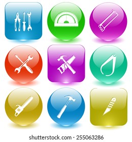 Industrial tools set. Vector set glass buttons.