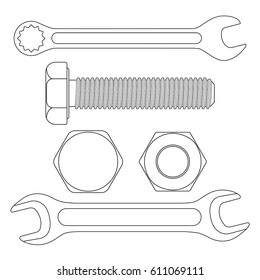 Industrial tools - wrenches, bolt screw. White outline icons. Vector illustration isolated on white background