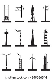 Industrial towers, poles and chimneys - vector illustration