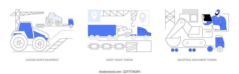 Industrial towing abstract concept vector illustration set. Loading heavy equipment, heavy truck transportation, industrial machinery towing, vehicle lifting, construction equipment abstract metaphor.