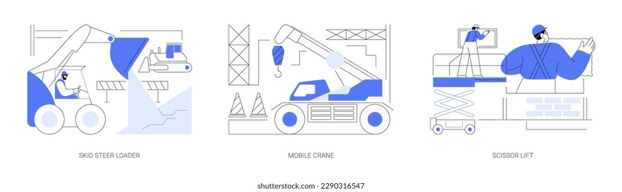 Industrial transport abstract concept vector illustration set. Skid steer loader, mobile crane mounted on crawlers, scissor lift, heavy construction machinery and equipment abstract metaphor.