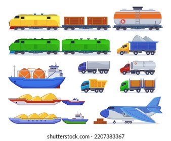 Industrial transport for delivery vector illustrations set. Vehicles for shipping goods, oil import, ship with construction sand, on white background. Delivery service, cargo or freight concept