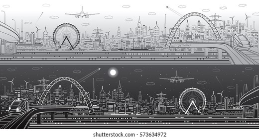 Industrial and transport panorama, urban skyline, modern landscape, day and night city, airplane fly, train on the bridge, vector design art