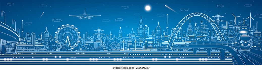 Industrial and transport panorama, white lines landscape, night city, airplane fly, train on the bridge, vector design art