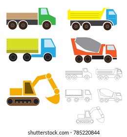 industrial transport, simple children's drawing for coloring. truck, dumper, wagon, excavator, concrete mixer. EPS vector10