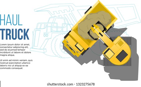 industrial transportation concept haul truck loading from excavator top aerial view with truck Engineering line drawings illustration best for web and presentation