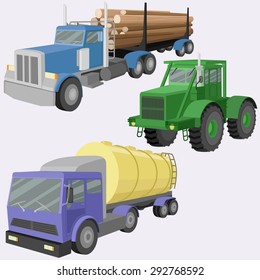 Industrial transportation freight trucks,tractor vector set for agriculture, shipping,  carrying and logistics needs. 