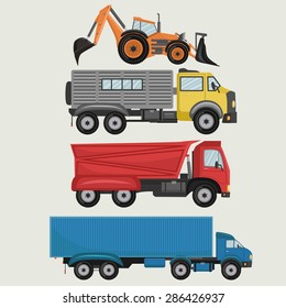 Industrial transportation vector set for construction, agriculture, shipping,  carrying and  logistics needs. 