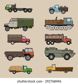 Industrial transportation vector set for construction, agriculture, shipping,  carrying, military and logistics needs. 