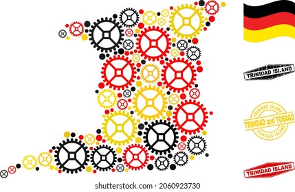 Industrial Trinidad Island map collage and seals. Vector collage is composed of clock gear icons in variable sizes, and German flag official colors - red, yellow, black.