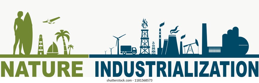 Industrial and tropical recreation relative silhouettes. Woman posing with surfboard,cruise ship, palm and lifeguard tower. Ecology concept