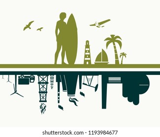 Industrial and tropical recreation relative silhouettes. Woman posing with surfboard,cruise ship, palm and lifeguard tower. Ecology concept