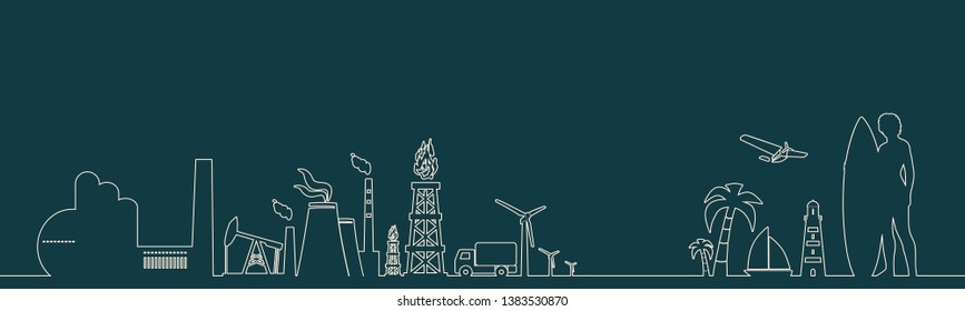 Industrial and tropical recreation relative silhouettes. Woman posing with surfboard,cruise ship, palm and lifeguard tower. Ecology linear design concept