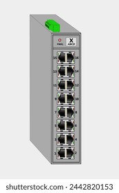 Industrial unmanaged fast Ethernet switch for DIN rail mounting. Contains 16 RJ-45 Ethernet ports. At the top is the power connector. 3d vector illustration.