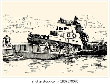 Industrial urban view of the river with sailors and river boat. Summer day black and white hand drawing with pen and ink. Sketch style.
