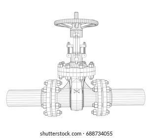 Industrial valve. Detailed vector illustration on white background. Vector rendering of 3d. Wire-frame style