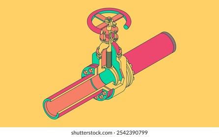 Industrial valve of isometric colorful drawing. Opening or closing of pipeline valves Gas industry and gas transport. Pieces - Pipes, Fittings, Gate Valve, Faucet Taps Exemplified