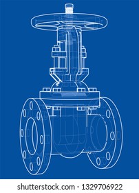 Industrial valve outline. Vector rendering of 3d. Wire-frame style. The layers of visible and invisible lines are separated